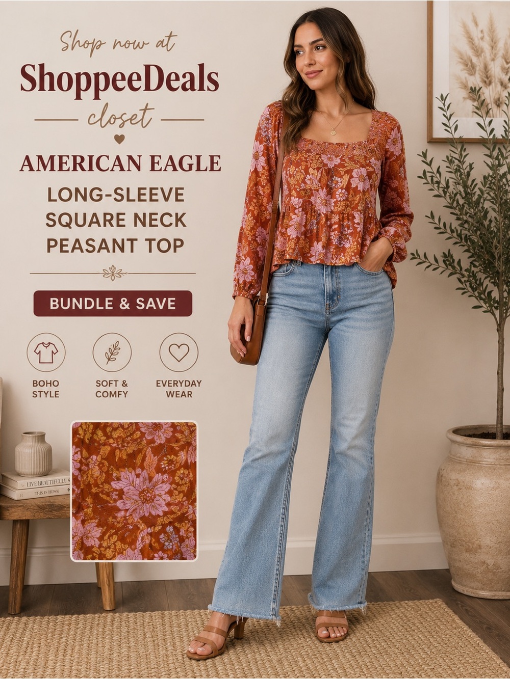 American Eagle Long-Sleeve Square Neck Peasant Top – Women’s Small